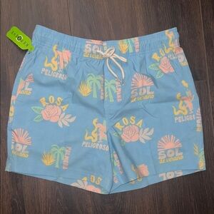 RSQ Men’s Baja Light Blue Swim Shorts with Tropical Accents, Size: Medium